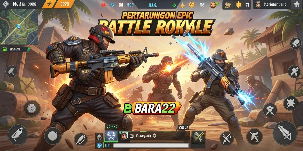 Screenshot gameplay BARA22 menampilkan aksi seru di arena Battle Royale.