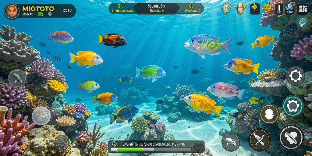 Tampilan gameplay MIOTOTO yang mendebarkan saat berburu ikan.